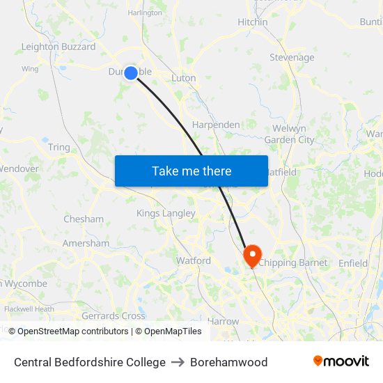 Central Bedfordshire College to Borehamwood map