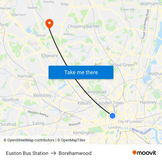 Euston Bus Station to Borehamwood map