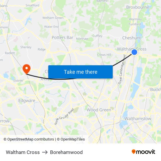 Waltham Cross to Borehamwood map