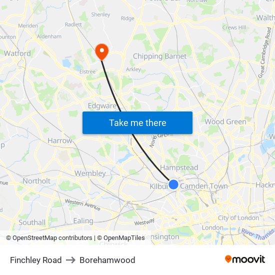 Finchley Road to Borehamwood map