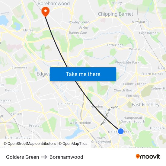 Golders Green to Borehamwood map