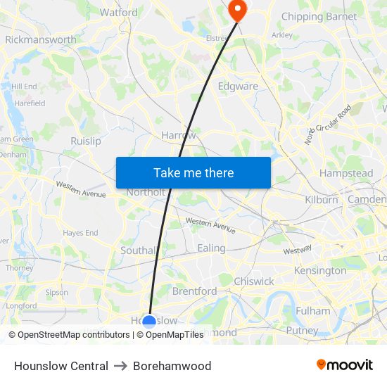 Hounslow Central to Borehamwood map