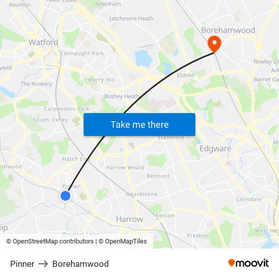 Pinner to Borehamwood map