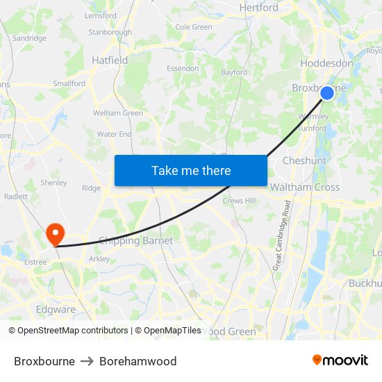 Broxbourne to Borehamwood map