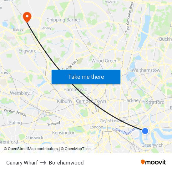Canary Wharf to Borehamwood map
