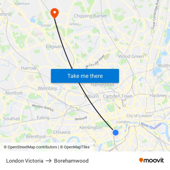 London Victoria to Borehamwood map