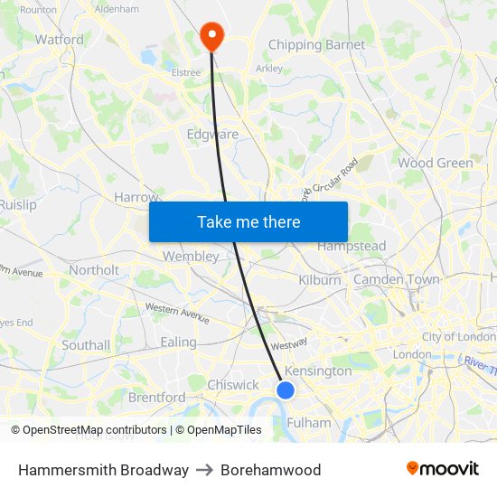 Hammersmith Broadway to Borehamwood map