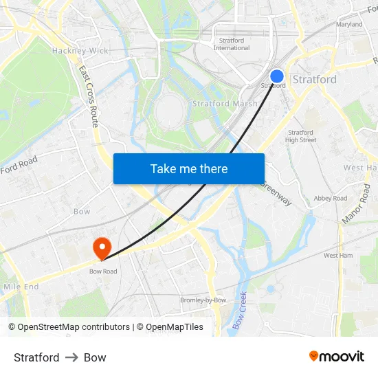 Stratford to Bow map