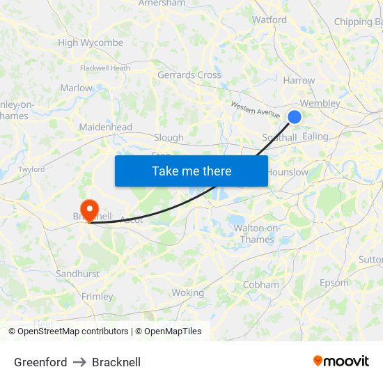 Greenford to Bracknell map