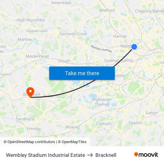 Wembley Stadium Industrial Estate to Bracknell map