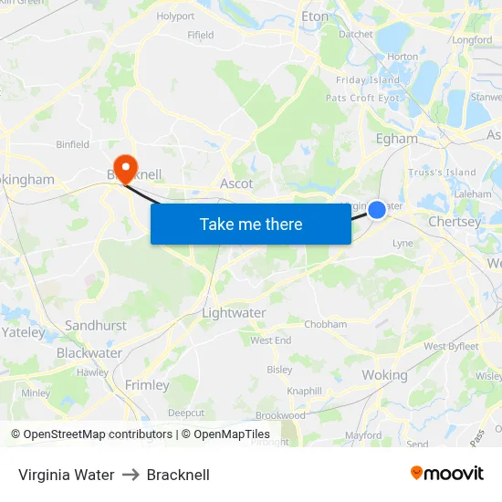 Virginia Water to Bracknell map