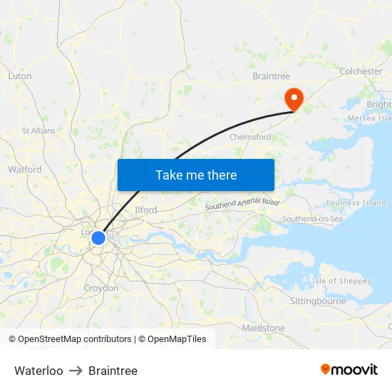 Waterloo to Braintree map