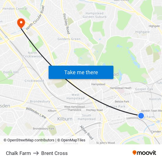 Chalk Farm to Brent Cross map