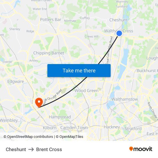 Cheshunt to Brent Cross map