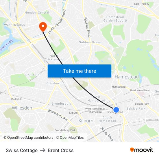 Swiss Cottage to Brent Cross map