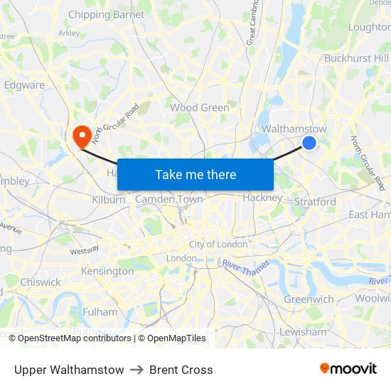 Upper Walthamstow to Brent Cross map