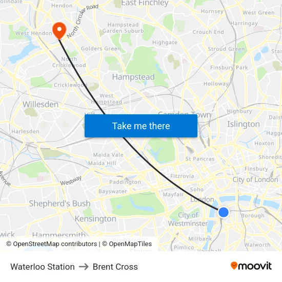 Waterloo Station to Brent Cross map