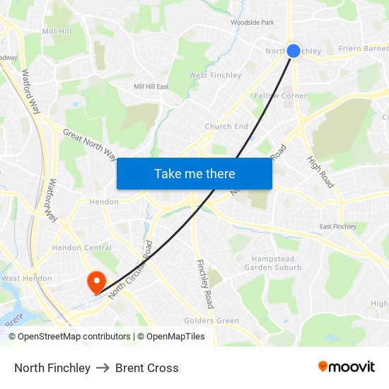 North Finchley to Brent Cross map