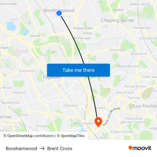 Borehamwood to Brent Cross map