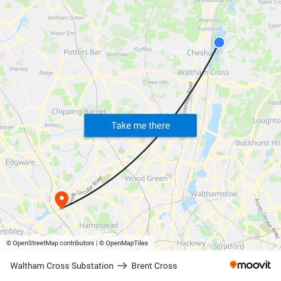 Waltham Cross Substation to Brent Cross map