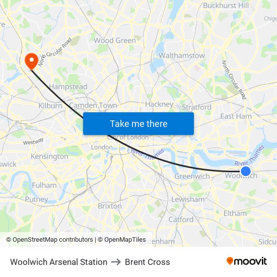 Woolwich Arsenal Station to Brent Cross map