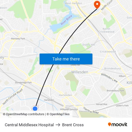 Central Middlesex Hospital to Brent Cross map