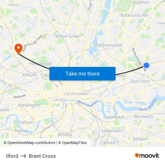 Ilford to Brent Cross map