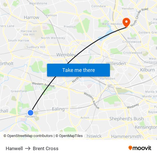 Hanwell to Brent Cross map