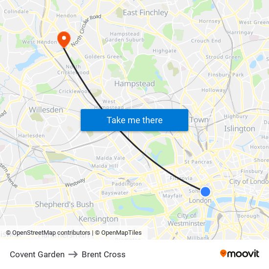 Covent Garden to Brent Cross map