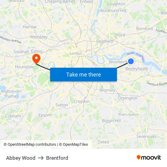 Abbey Wood to Brentford map