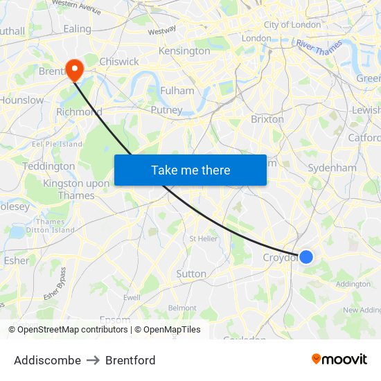 Addiscombe to Brentford map