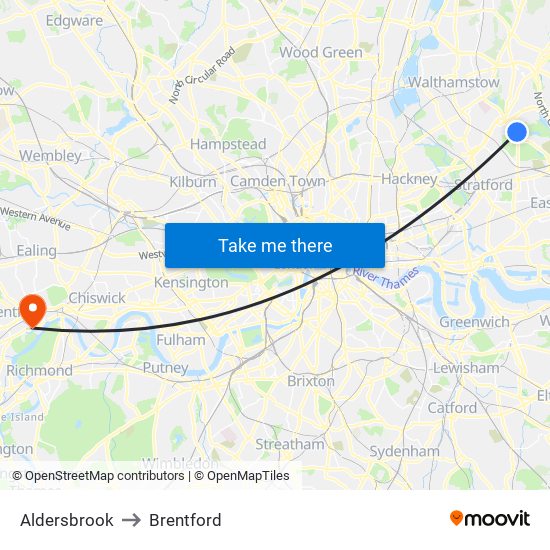 Aldersbrook to Brentford map