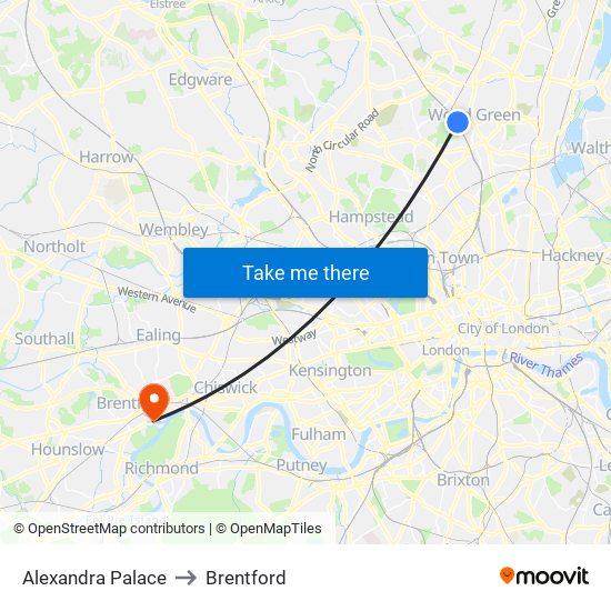 Alexandra Palace to Brentford map