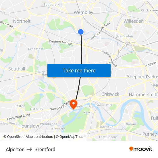 Alperton to Brentford map