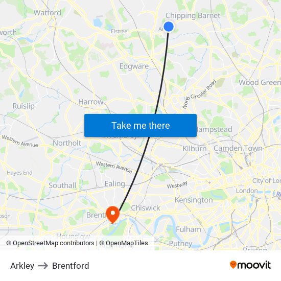 Arkley to Brentford map