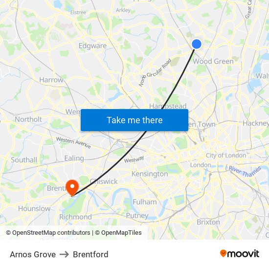 Arnos Grove to Brentford map