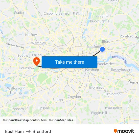 East Ham to Brentford map