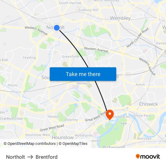 Northolt to Brentford map