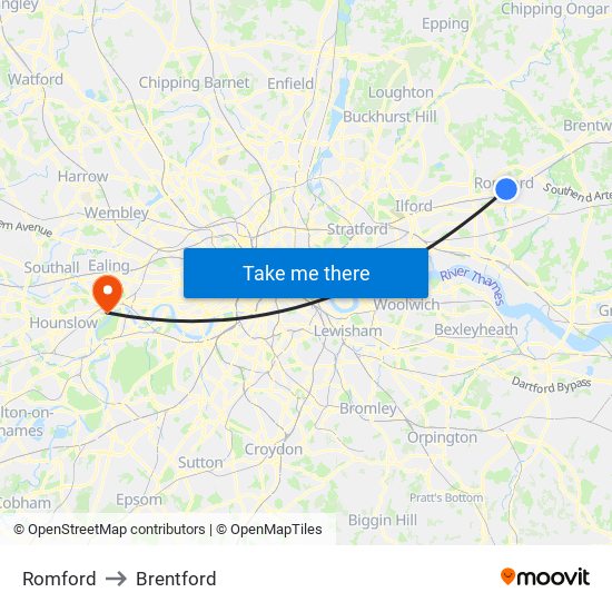 Romford to Brentford map