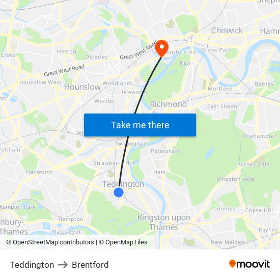 Teddington to Brentford map