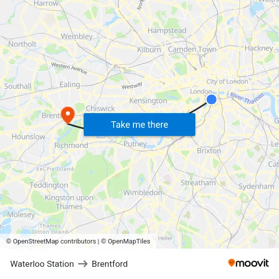 Waterloo Station to Brentford map