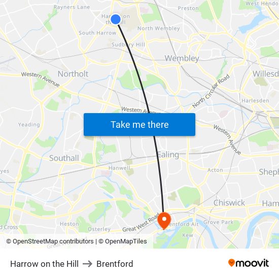 Harrow on the Hill to Brentford map