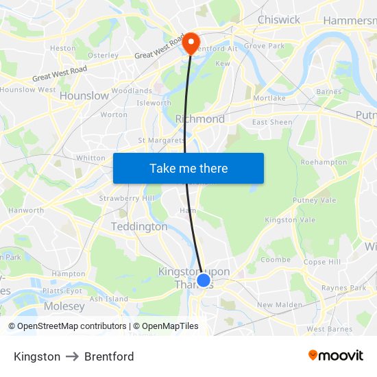 Kingston to Brentford map