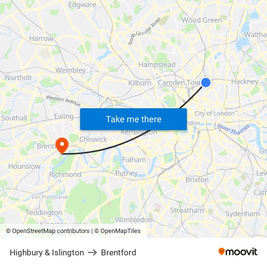 Highbury & Islington to Brentford map