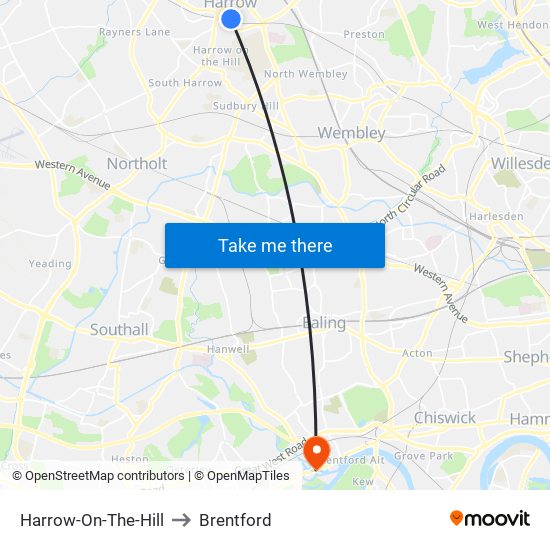 Harrow-On-The-Hill to Brentford map