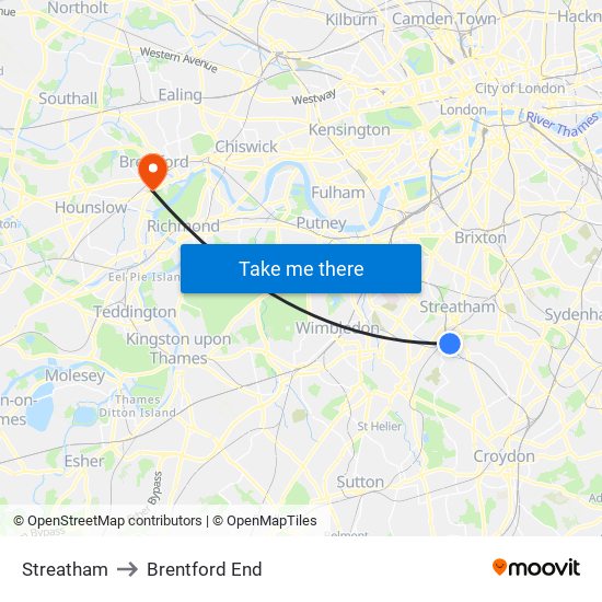 Streatham to Brentford End map