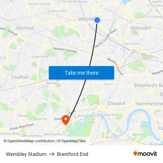 Wembley Stadium to Brentford End map