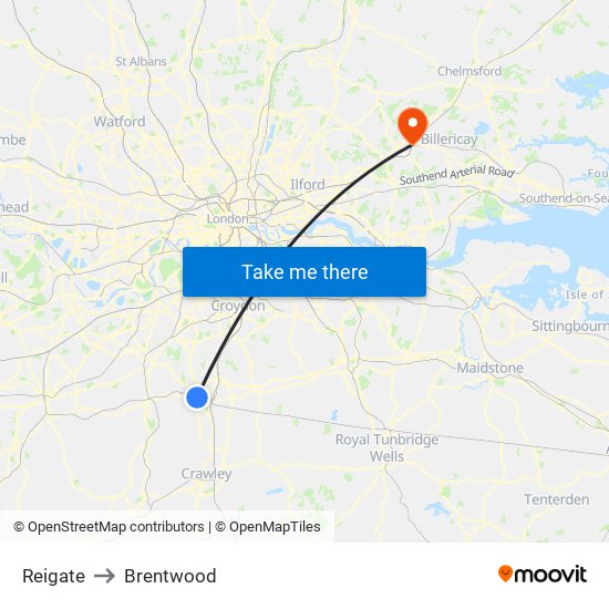 Reigate to Brentwood map