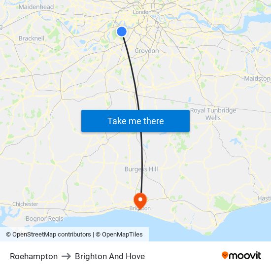 Roehampton to Brighton And Hove map