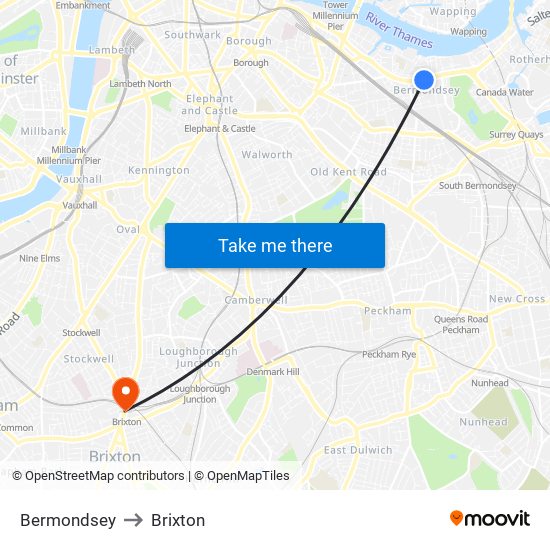 Bermondsey to Brixton map